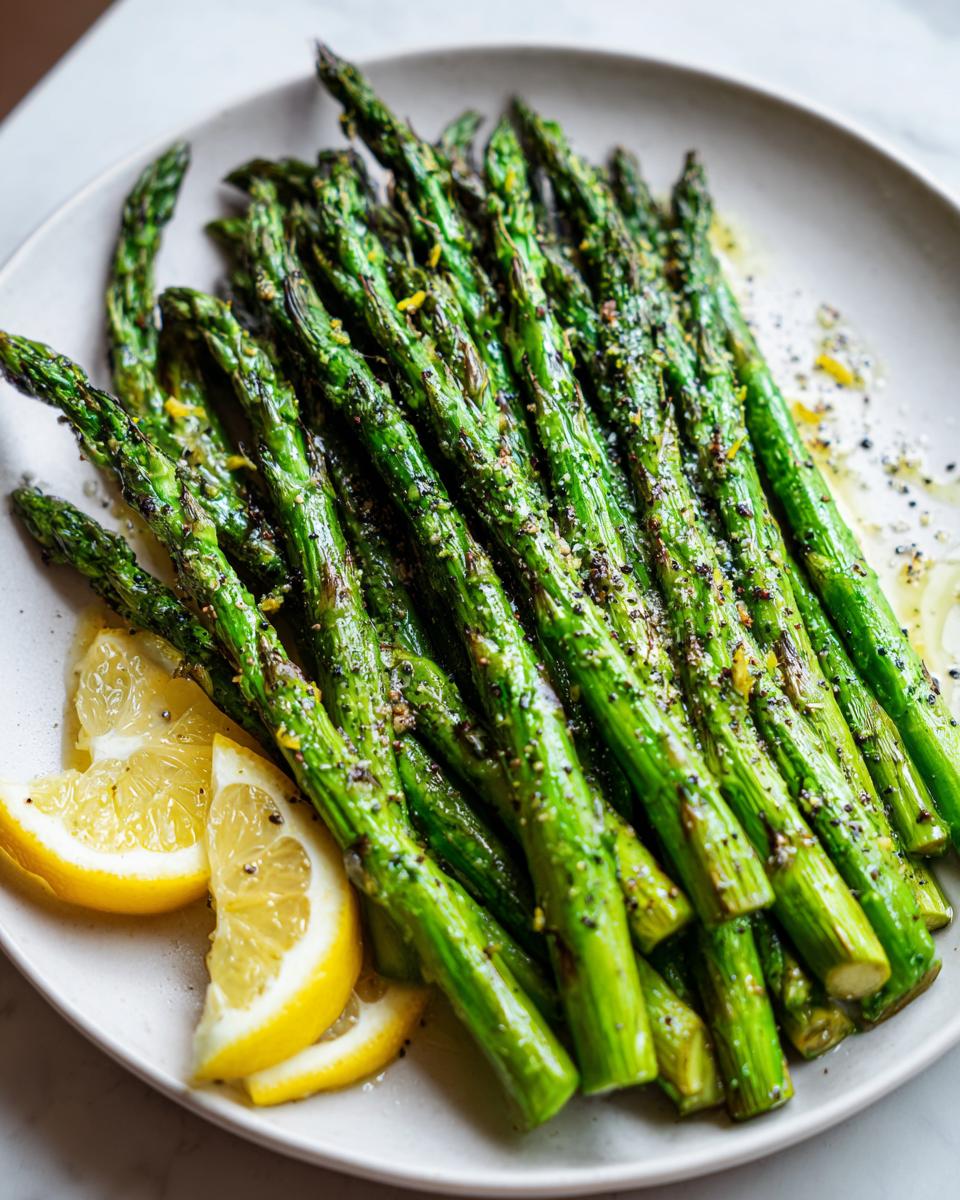 Plate of grilled asparagus seasoned with pepper and lemon wedges, perfect asparagus dinner recipes