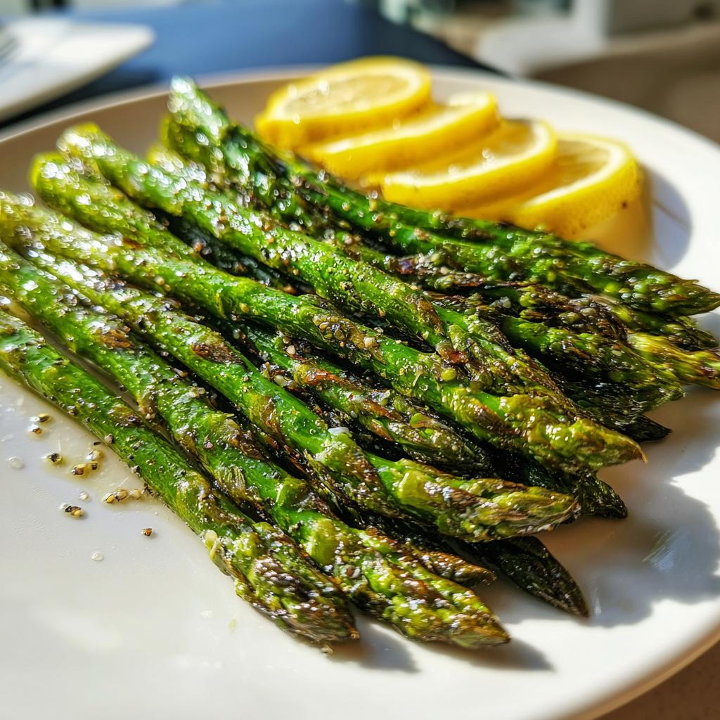 Grilled asparagus seasoned with pepper served with lemon slices on a white plate.