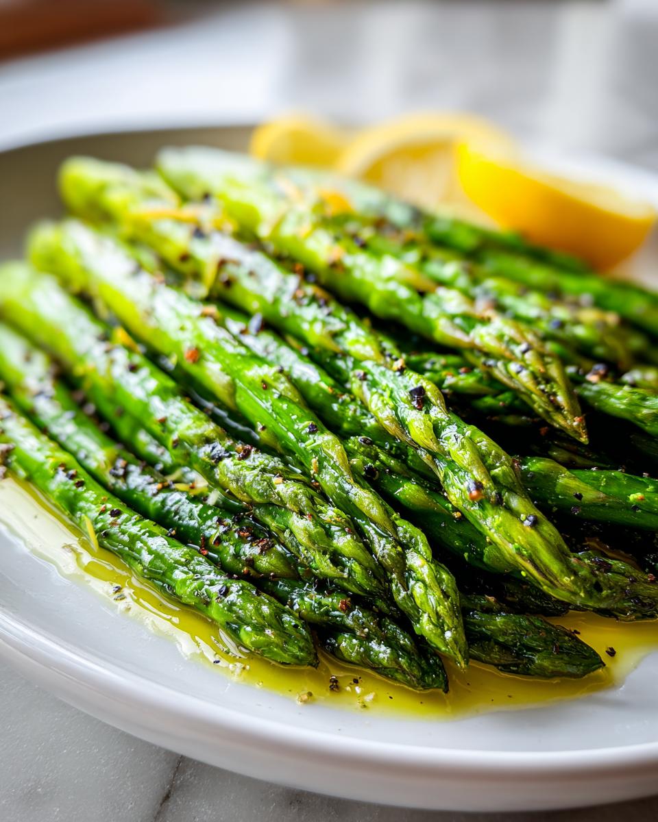 Plate of grilled asparagus drizzled with olive oil and seasoned with black pepper, garnished with lemon wedges