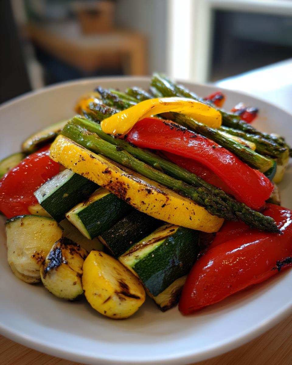 Plate of grilled asparagus, red and yellow bell peppers, zucchini, and squash for spring grill recipes