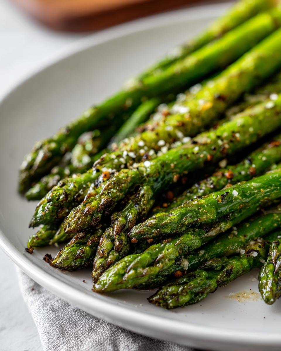 Close-up of grilled asparagus seasoned with salt and pepper on a white plate.