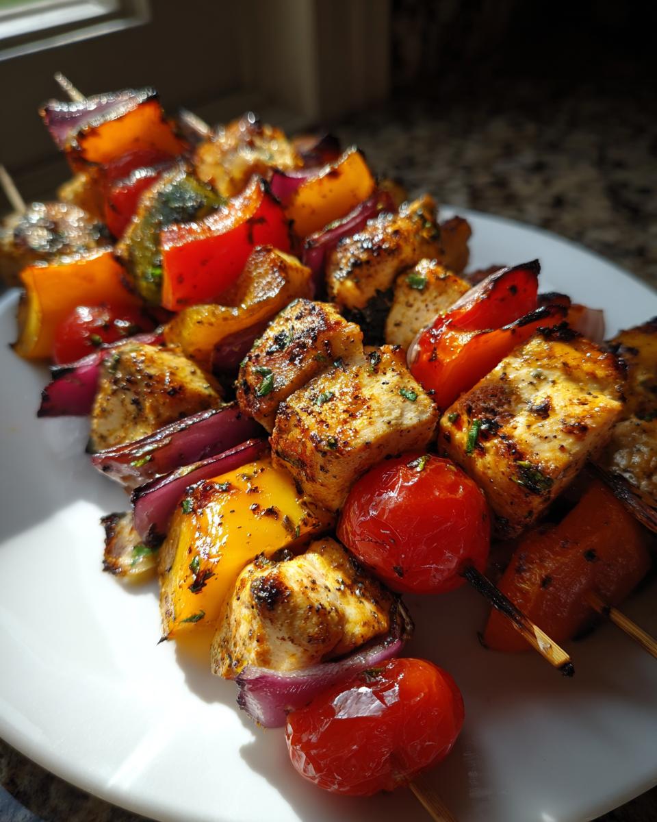 Grilled chicken and veggie skewers with bell peppers, cherry tomatoes, and red onions on a white plate.