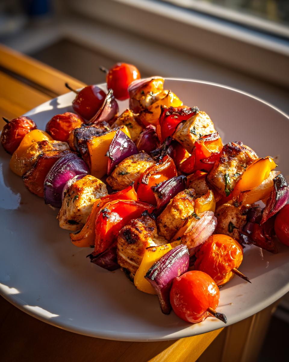 Close-up of grilled chicken and veggie skewers with tomatoes, onions, and bell peppers on a white plate.