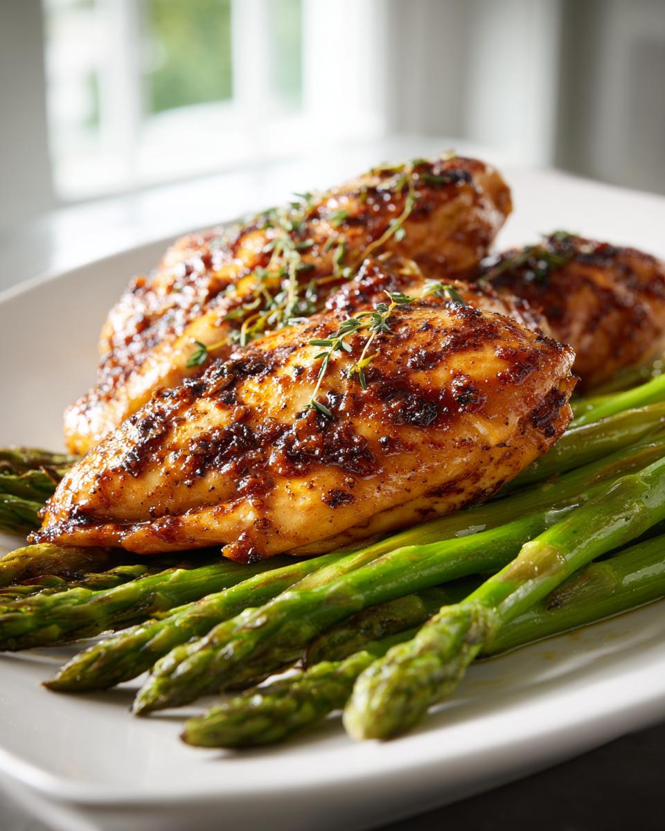 Grilled chicken breast with herbs served on a bed of fresh asparagus, spring chicken and asparagus recipes