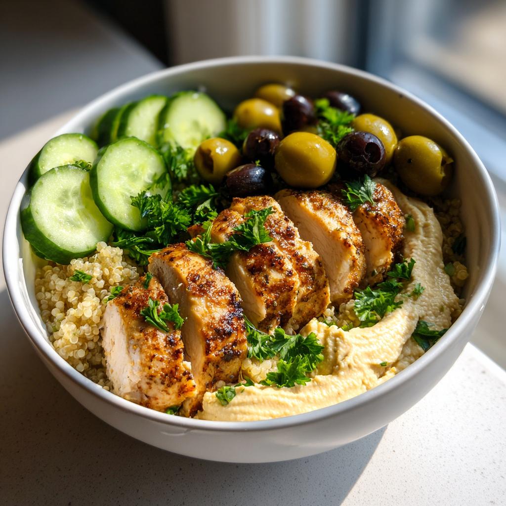 Chicken bowl with hummus and olives featuring grilled chicken, quinoa, cucumber slices, and fresh parsley