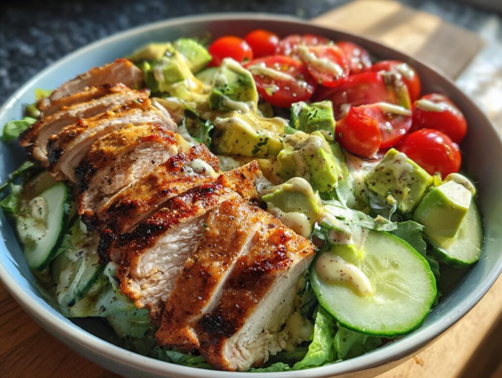 Bowl of grilled chicken salad with sliced grilled chicken, avocado, cherry tomatoes, cucumber, and dressing