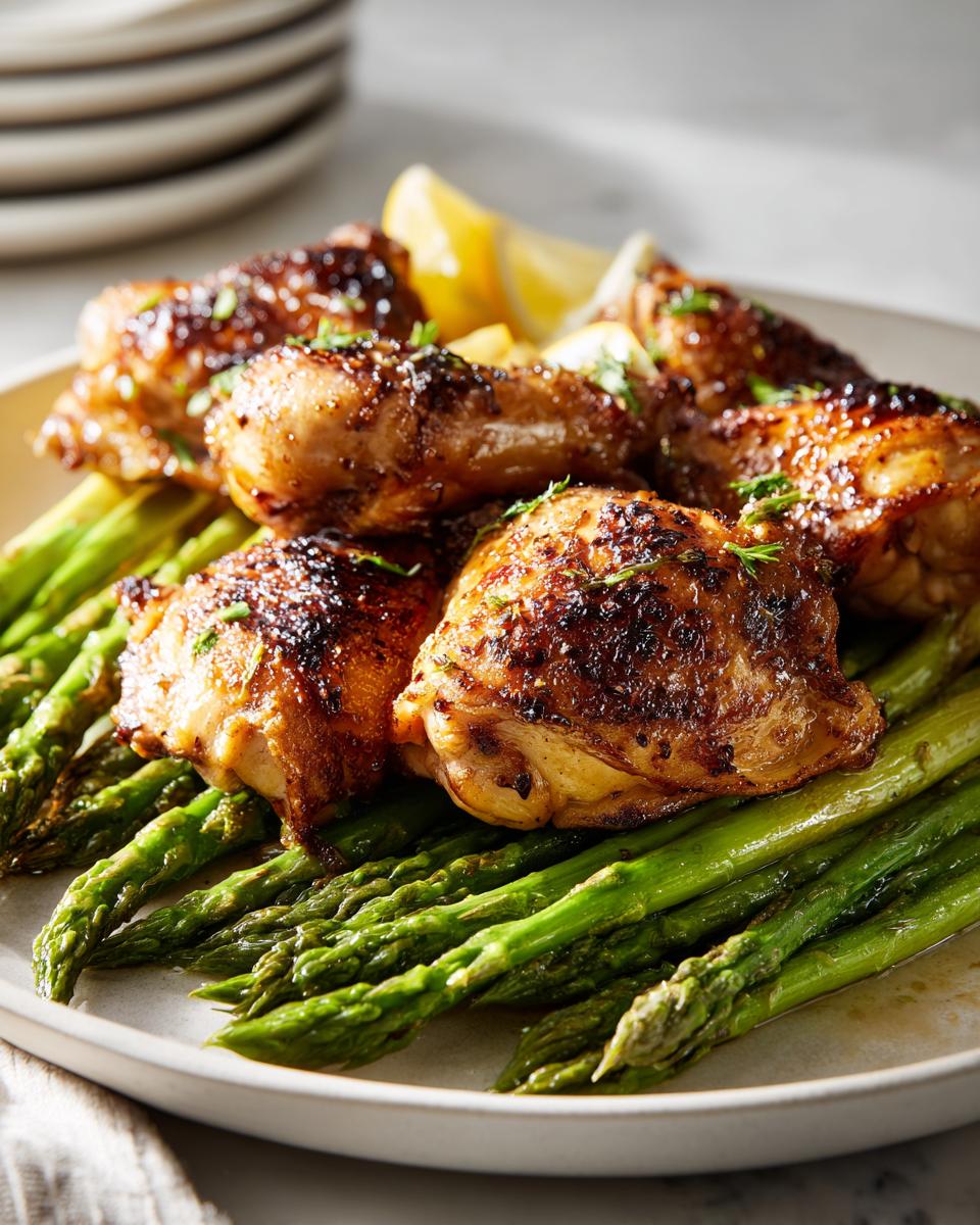 Plate of grilled chicken thighs served on a bed of roasted asparagus with lemon wedges