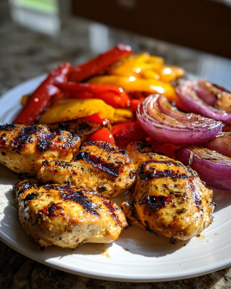 Grilled chicken breasts with char marks served with grilled red and yellow peppers and red onions.