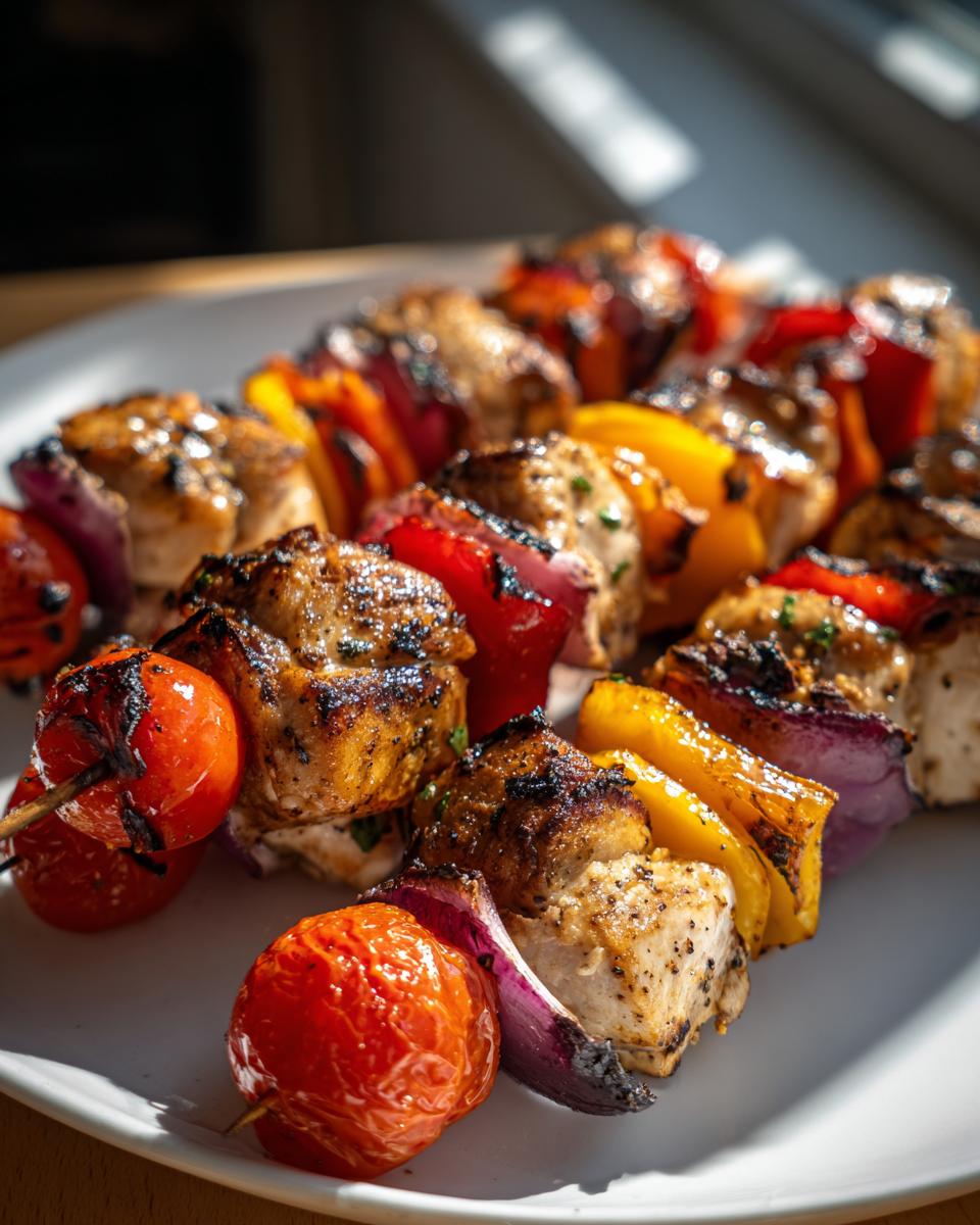 Close-up of juicy grilled chicken and veggie skewers with cherry tomatoes, bell peppers, and onions on a white plate.
