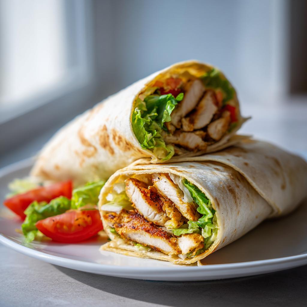 Close-up of a grilled chicken wrap with lettuce and tomato on a white plate.