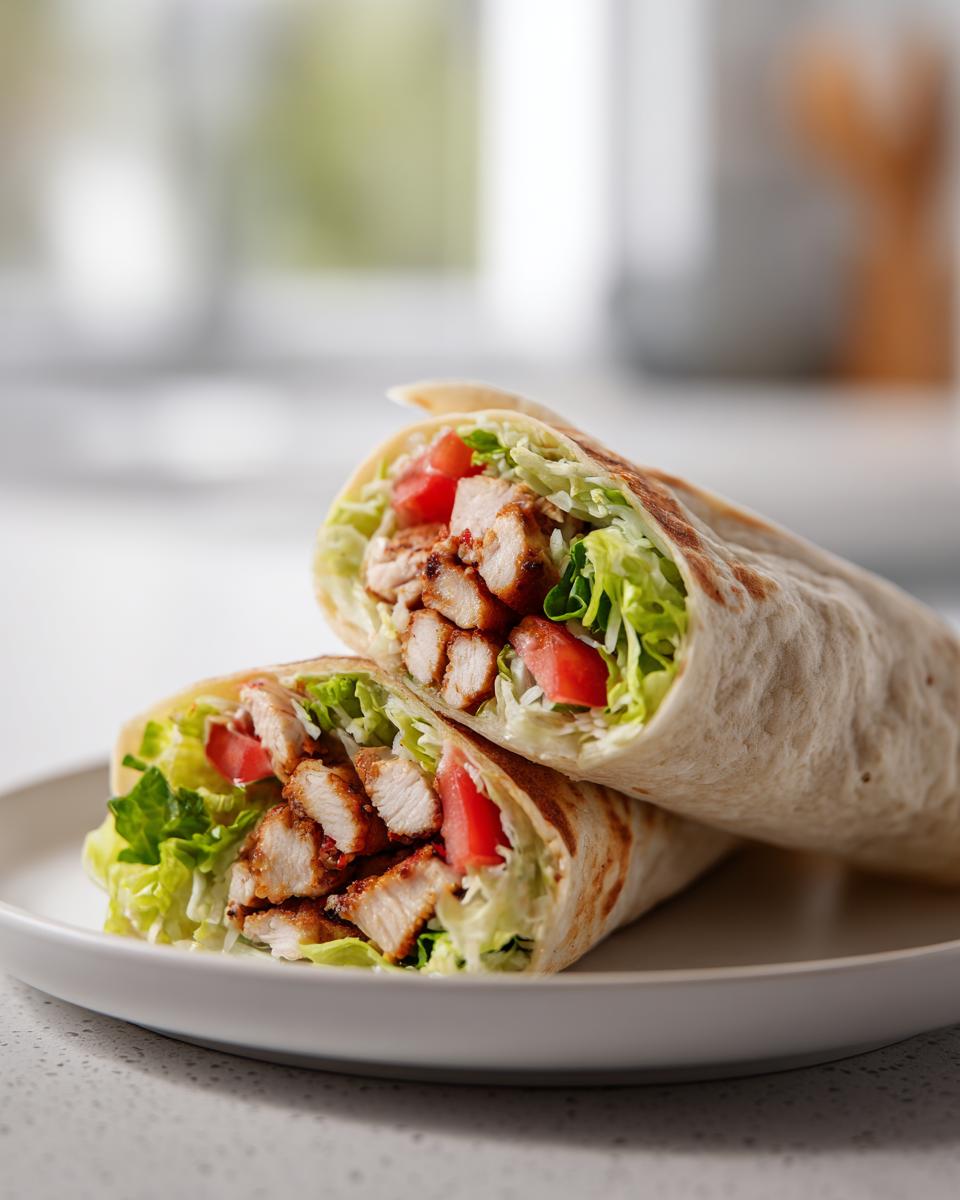 Close-up of a grilled chicken wrap with lettuce and tomato cut in half on a white plate.