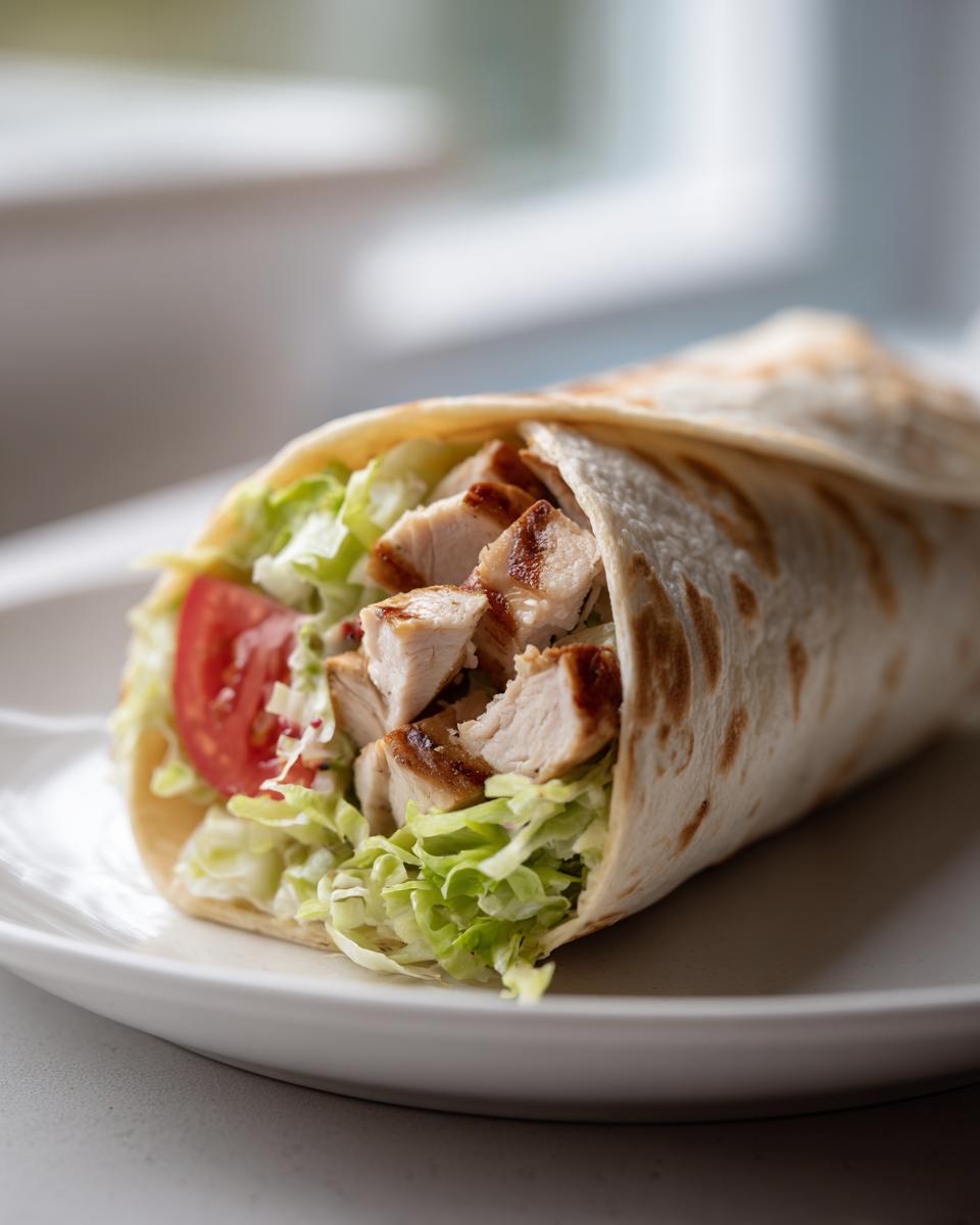 Grilled chicken wrap with lettuce and tomato on a white plate near window light
