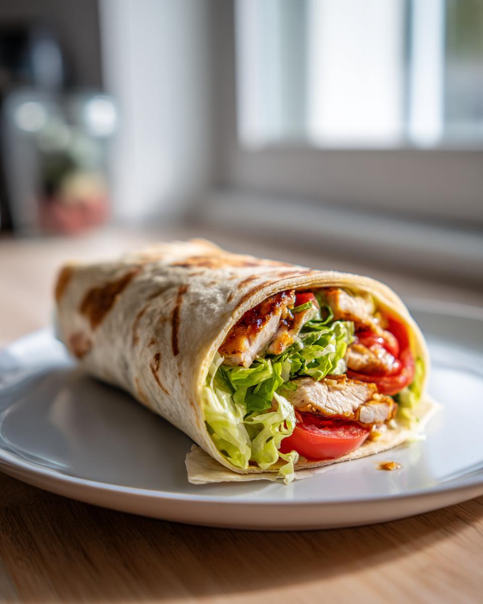 Close-up of a grilled chicken wrap with lettuce and tomato on a white plate.