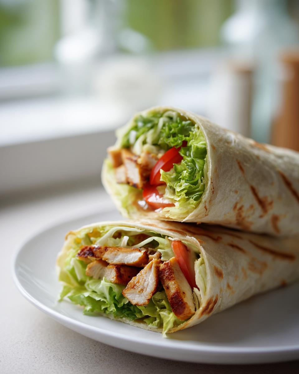 Close-up of grilled chicken wrap with lettuce and tomato on a white plate.