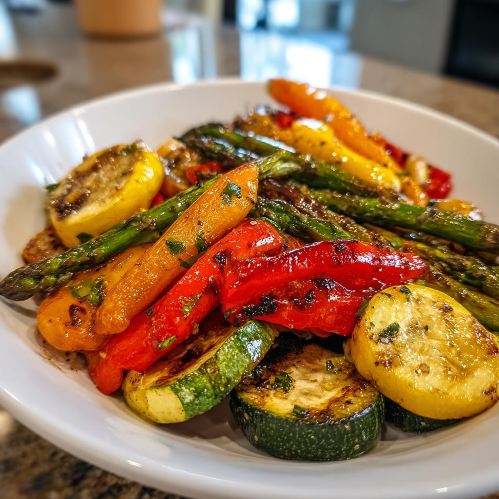 Plate of grilled colorful vegetables including zucchini, asparagus, carrots, and bell peppers for spring grill recipes