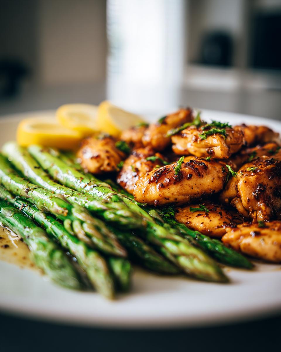 Plate of grilled spring chicken and asparagus with lemon slices and herbs