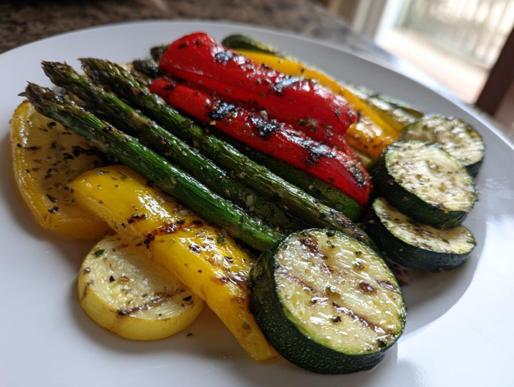 Plate of grilled asparagus, red and yellow bell peppers, zucchini, and squash with char marks.