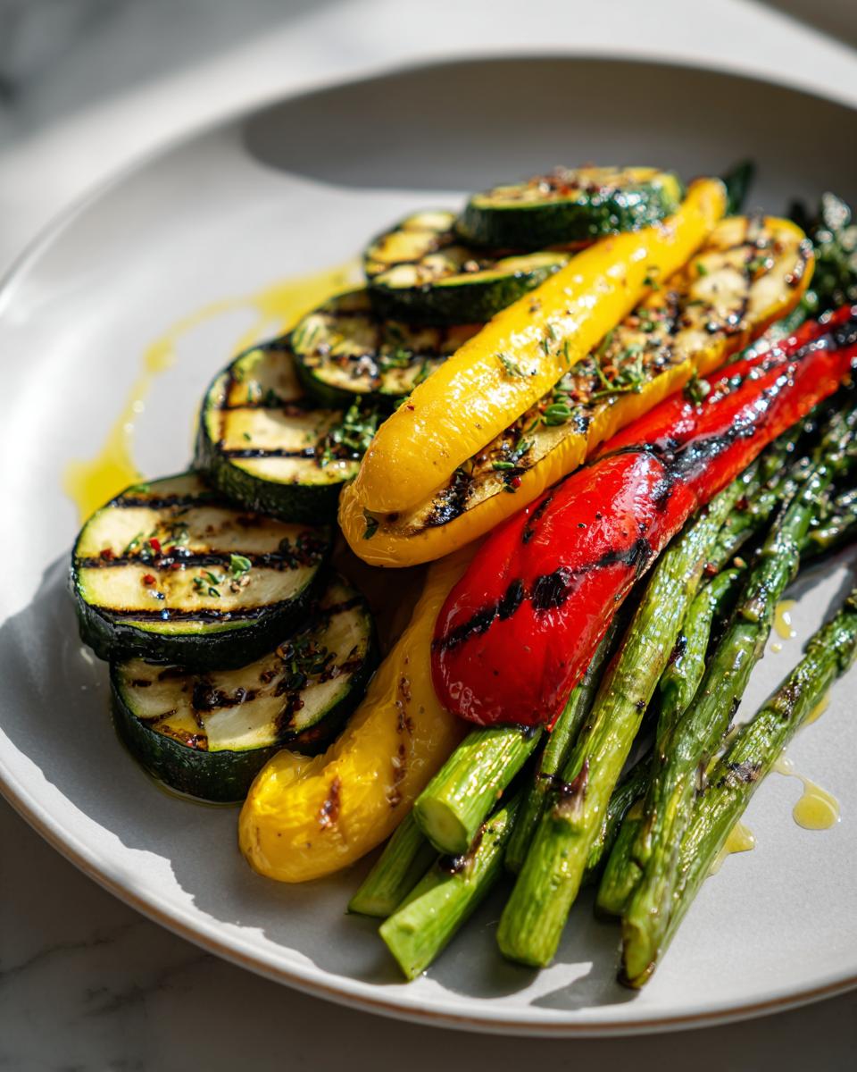 Plate of grilled zucchini, yellow and red peppers, and asparagus with seasoning and olive oil.