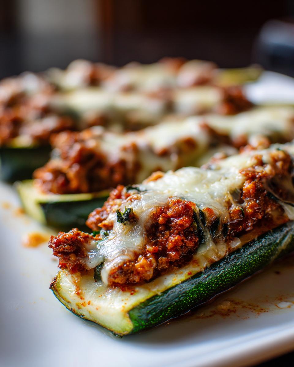 Close-up of ground turkey stuffed zucchini boats topped with melted cheese on a white plate