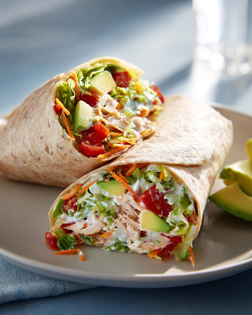 Close-up of a healthy wrap recipe for lunch filled with chicken, lettuce, avocado, tomato, and carrots.
