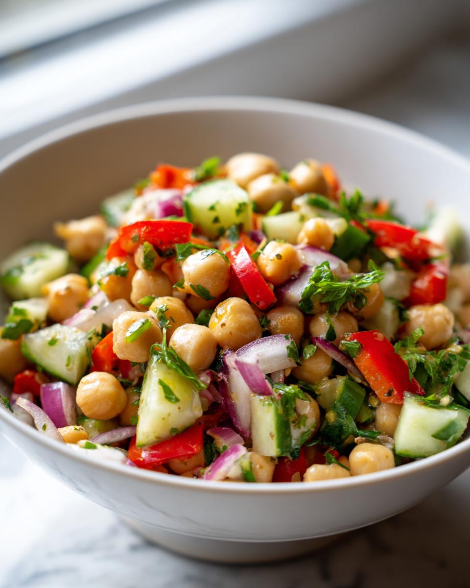 Bowl of colorful healthy chickpea salad with cucumbers, red onions, and herbs.