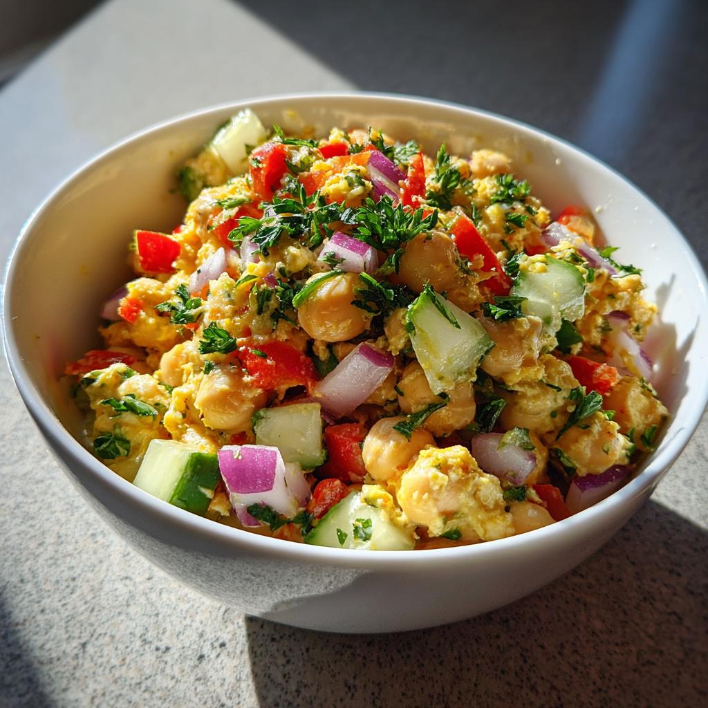Bowl of colorful healthy chickpea salad recipes healthy with cucumbers, red onions, and herbs.