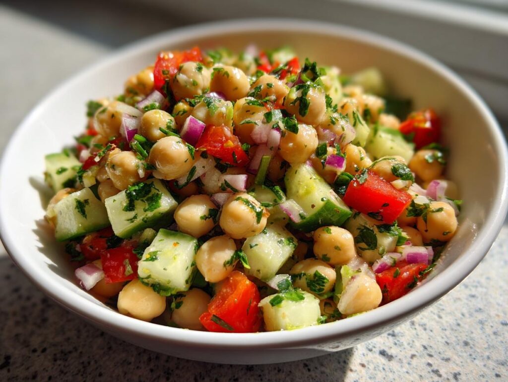 Chickpea salad recipes healthy with chickpeas, cucumber, red onion, tomato, and herbs in a white bowl