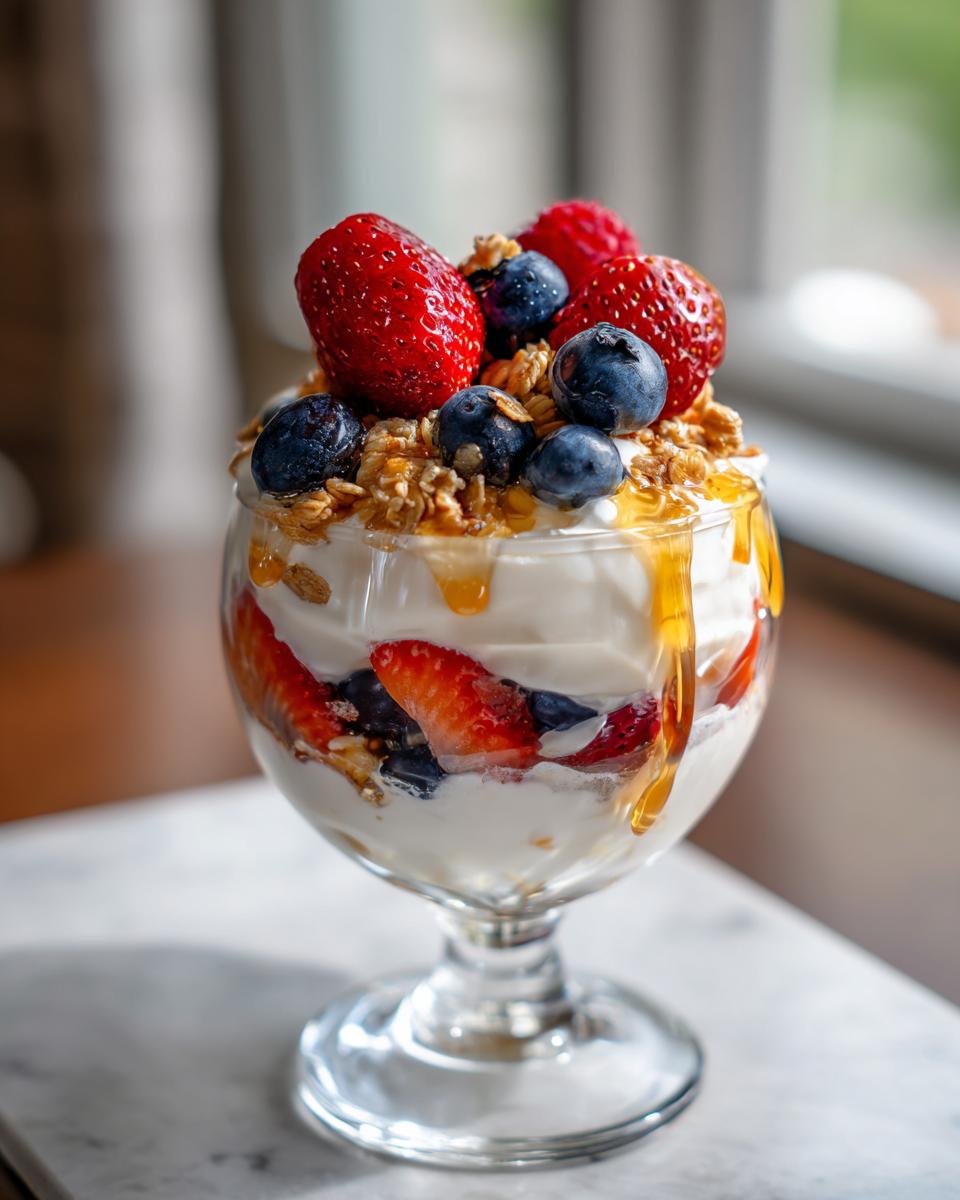 Berry yogurt parfait with granola and honey in a glass, a healthy sweet snack idea
