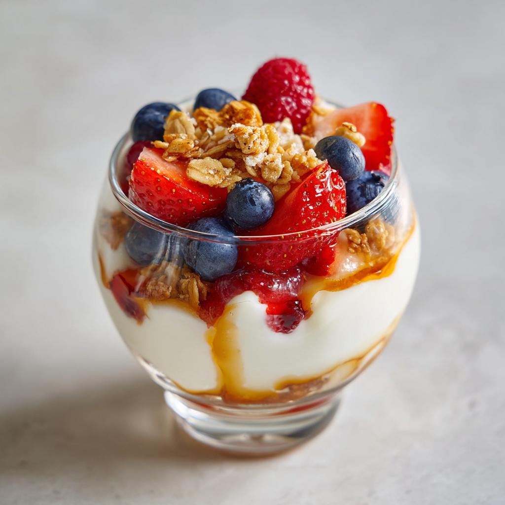 Glass of yogurt parfait topped with granola, strawberries, blueberries, and raspberries.