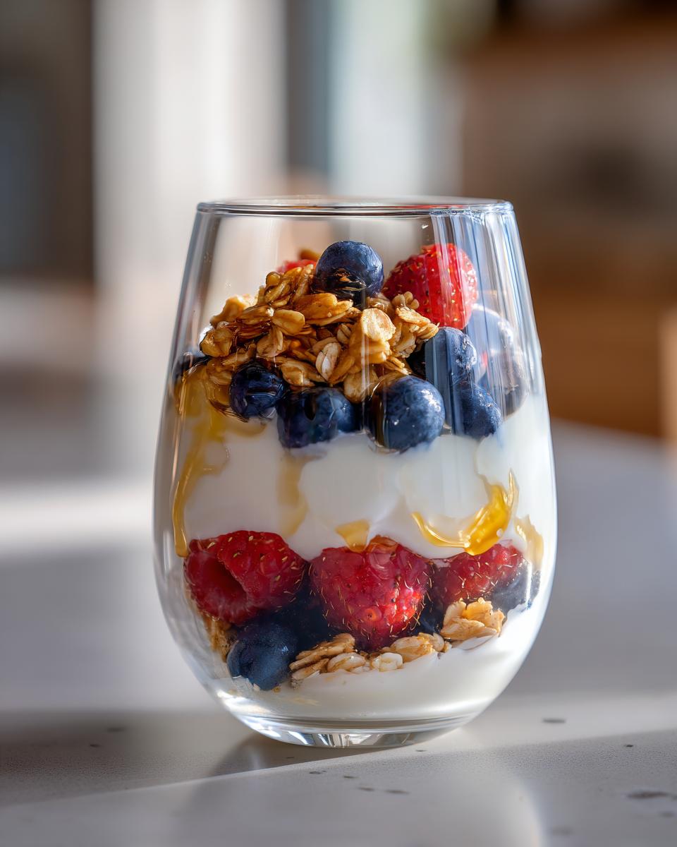 Glass of yogurt parfait with blueberries, raspberries, granola, and honey drizzle as healthy sweet snack ideas