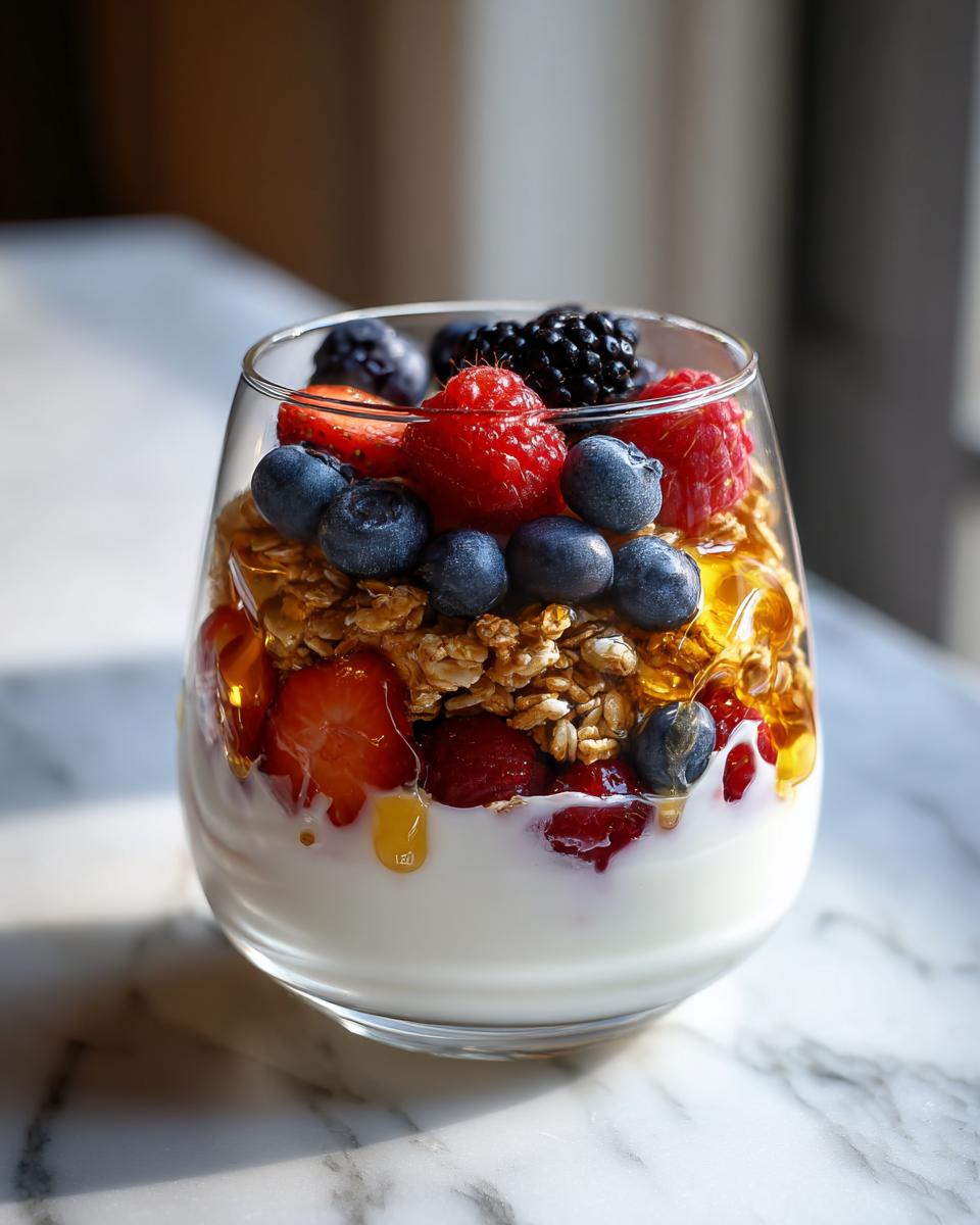 Glass of yogurt parfait with granola, blueberries, raspberries, blackberries, and honey drizzle
