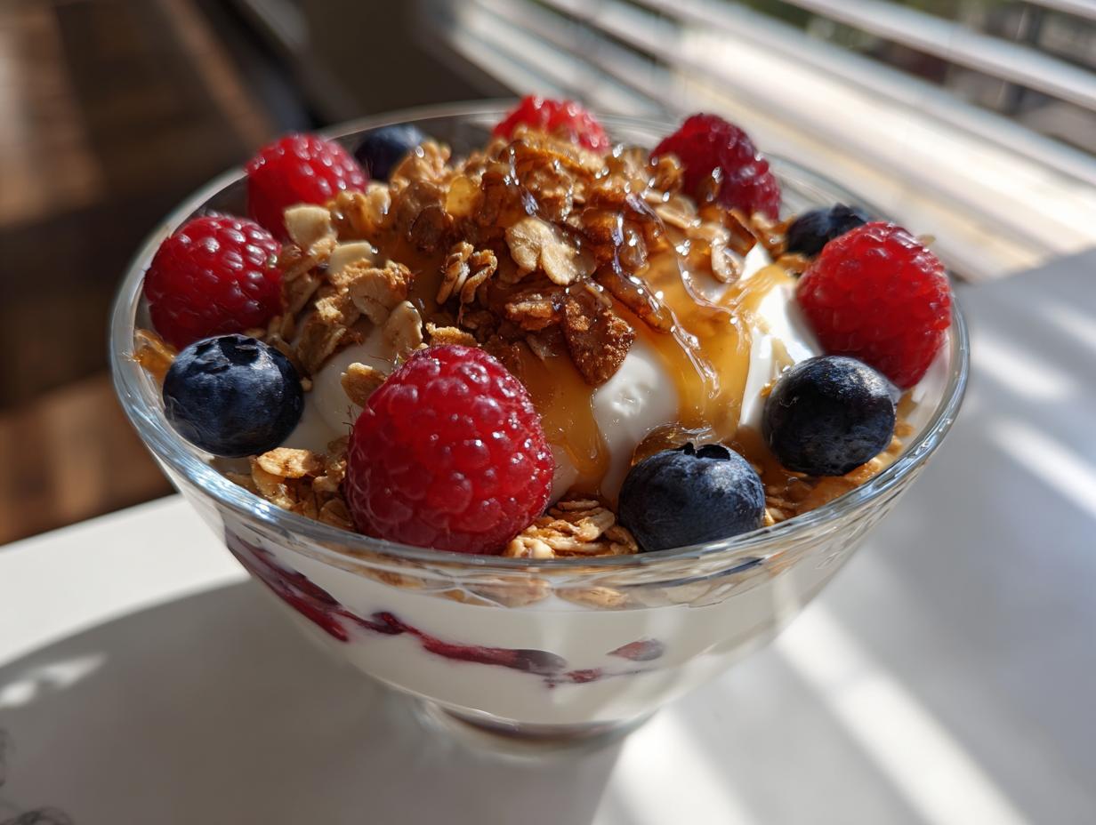 Yogurt parfait with granola, raspberries, blueberries, and honey drizzle in a glass bowl