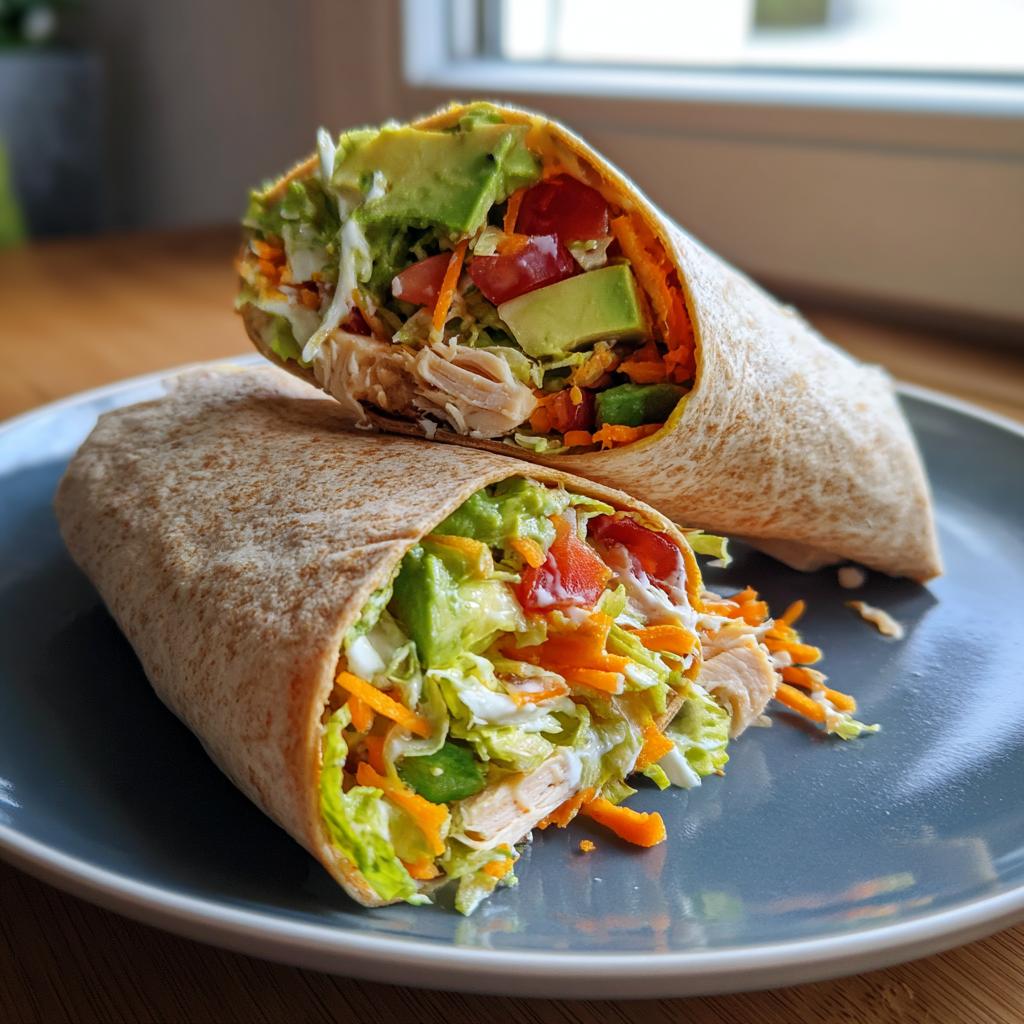 Close-up of a healthy wrap filled with avocado, lettuce, tomato, shredded carrots, and chicken on a plate.