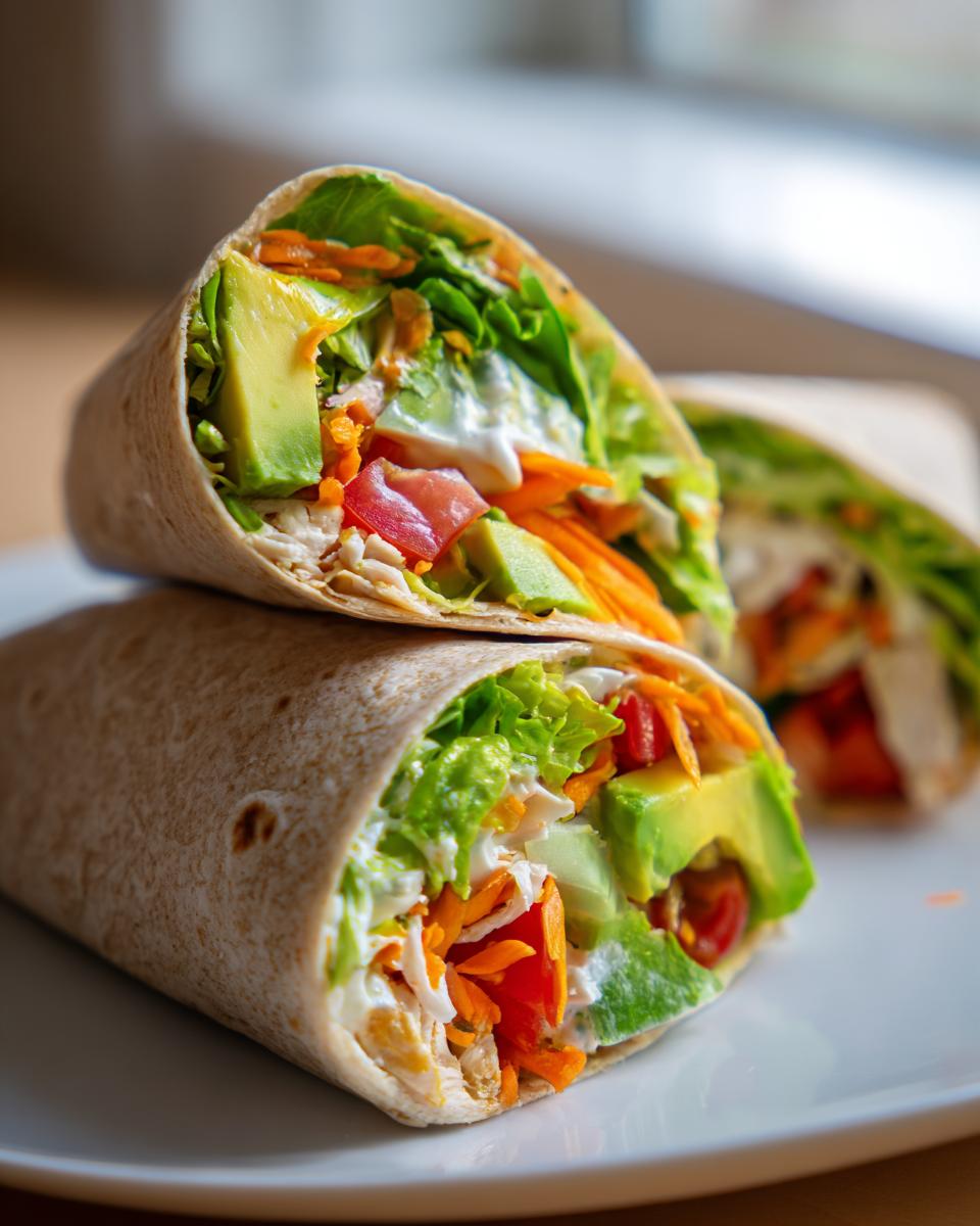 Close-up of healthy wrap recipes for lunch filled with avocado, lettuce, tomato, shredded carrot, and creamy dressing.