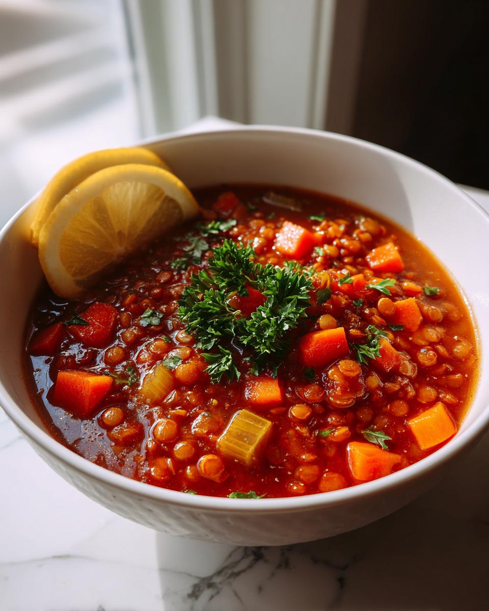 Bowl of tomato lentil soup with vegetables garnished with parsley and lemon slices