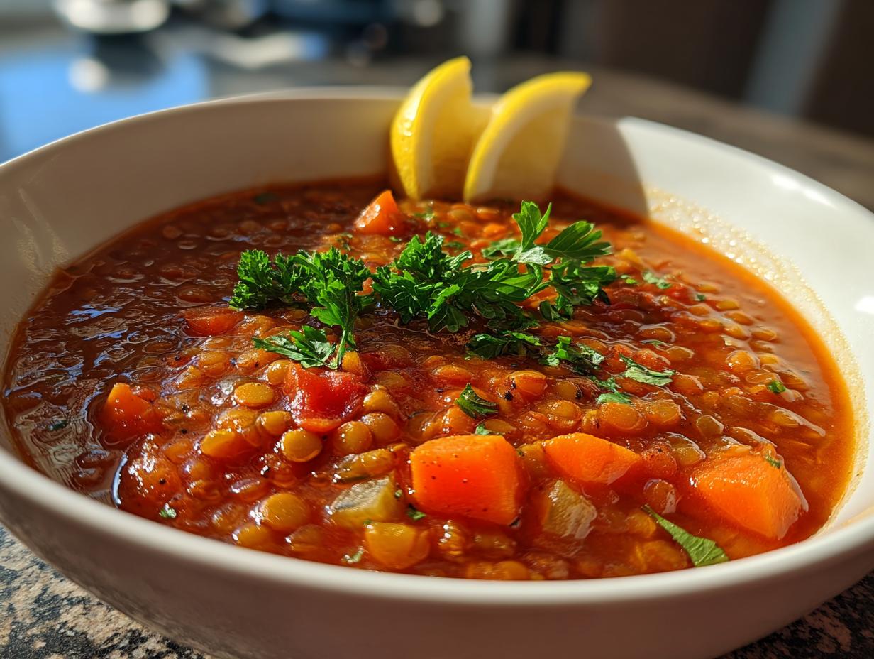 Close-up of tomato lentil soup with vegetables garnished with parsley and lemon wedges