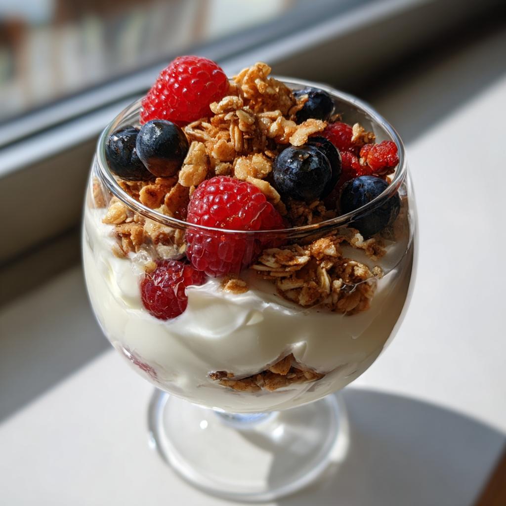 Glass of yogurt parfait with granola, raspberries, and blueberries as high protein snack ideas 2025