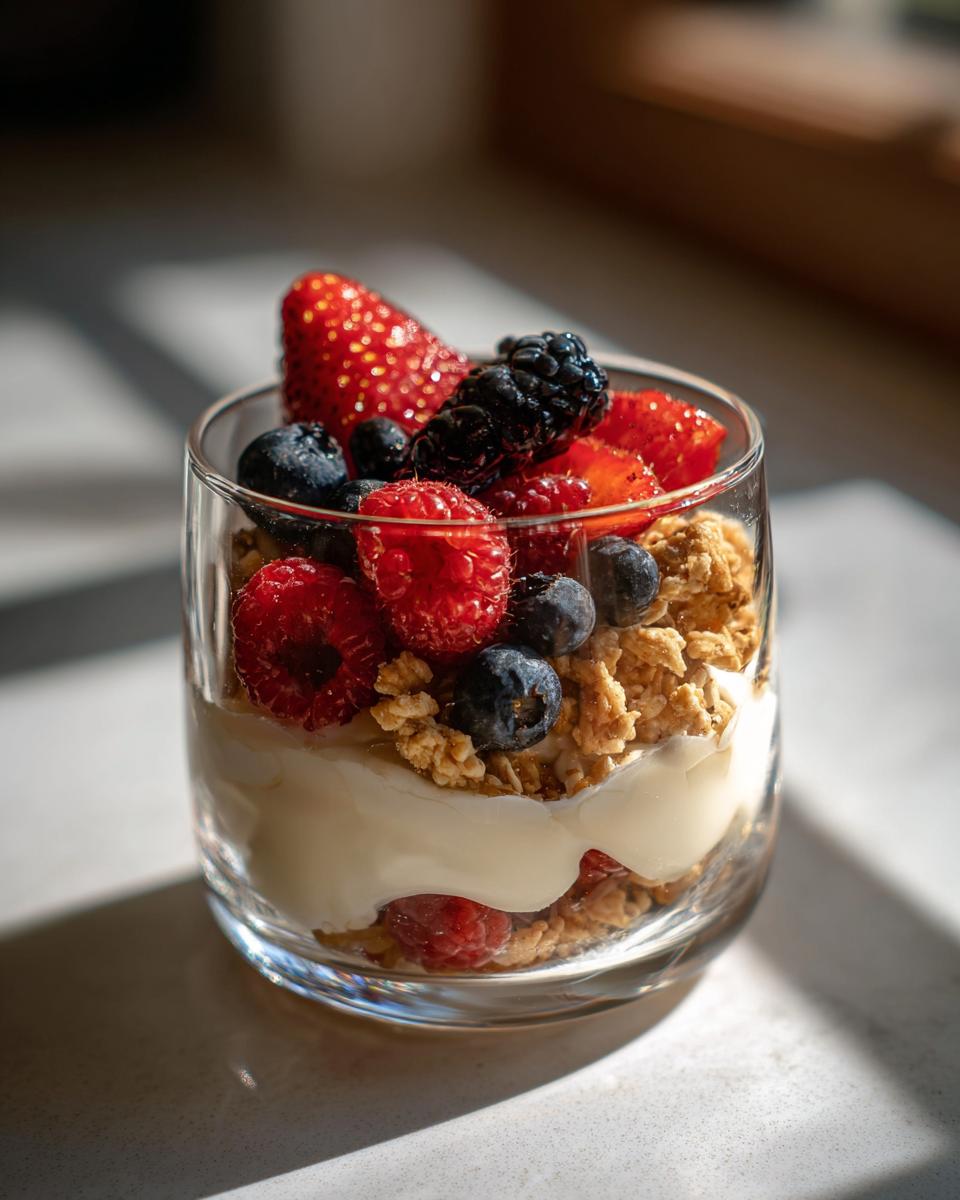 Glass cup with high protein snack ideas 2025 yogurt parfait layered with granola and fresh berries