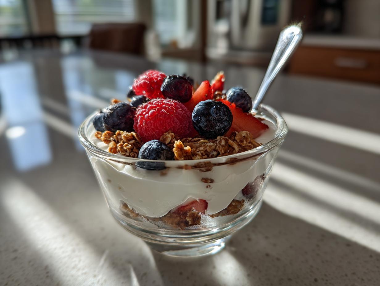 Glass bowl of yogurt parfait with granola, raspberries, blueberries, and strawberries as high protein snack ideas 2025