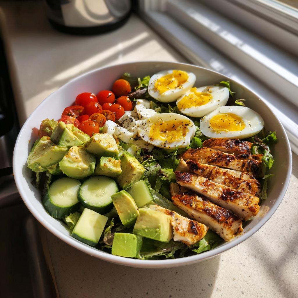 Bowl of high protein spring lunches with grilled chicken, boiled eggs, avocado, cherry tomatoes, and cucumber.