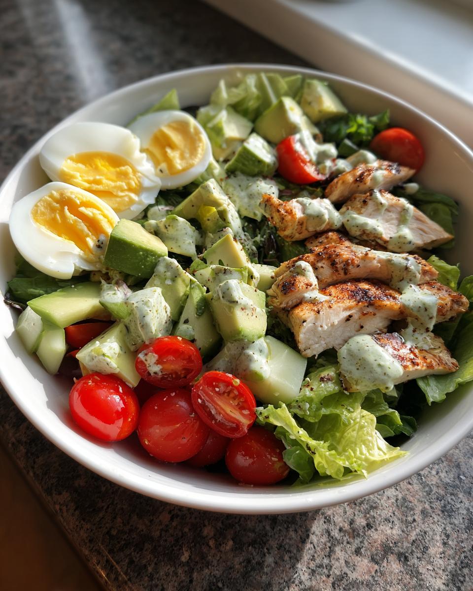 Bowl of high protein spring lunches with grilled chicken, boiled eggs, avocado, cherry tomatoes, cucumber, and greens.