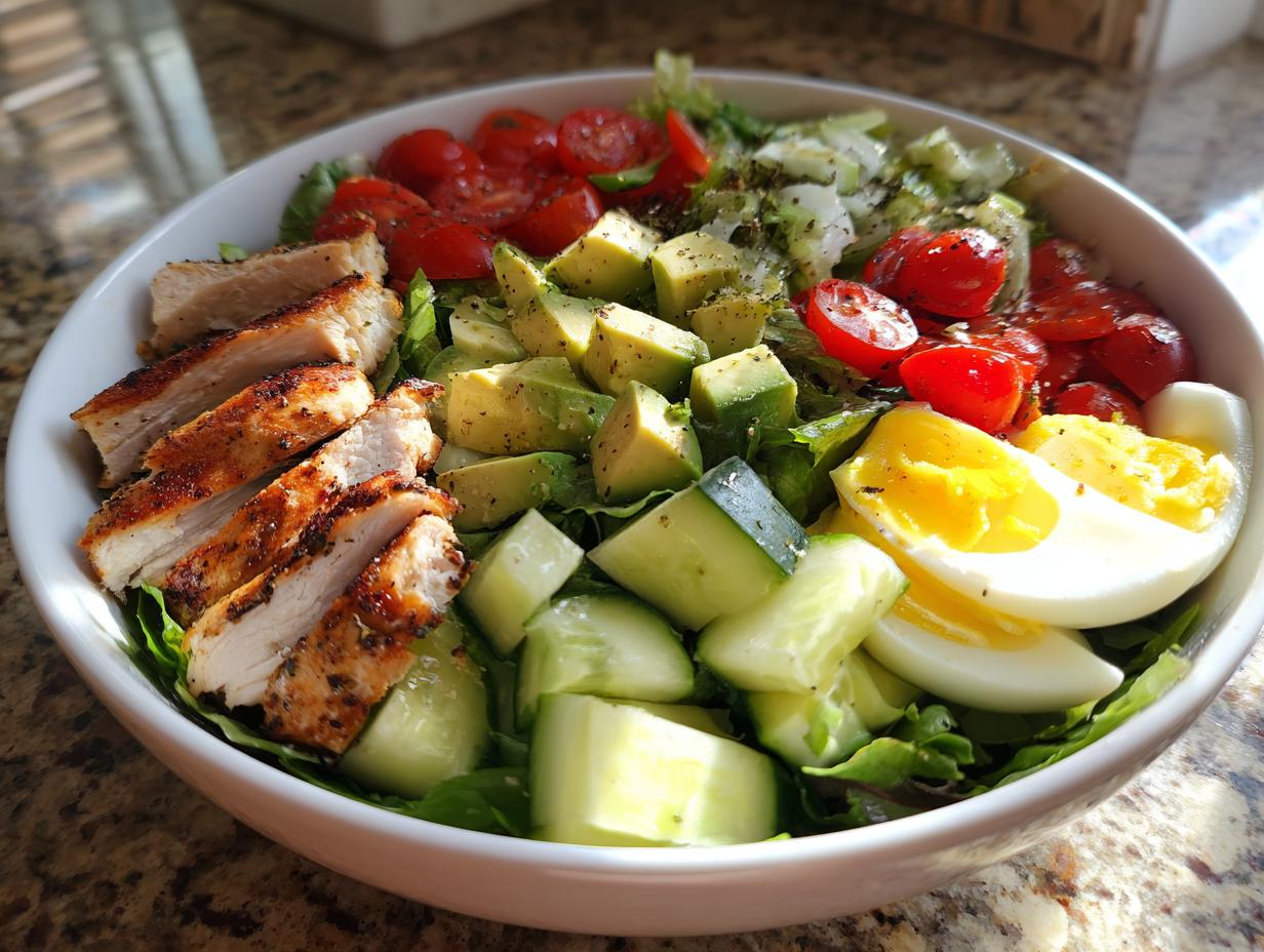 Bowl of high protein spring lunches with grilled chicken, avocado, boiled egg, cucumber, and cherry tomatoes