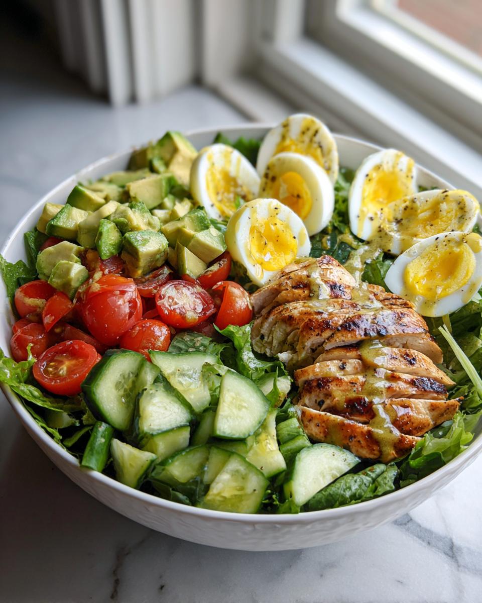 Bowl of high protein spring lunches with grilled chicken, boiled eggs, avocado, cherry tomatoes, and cucumber on greens.
