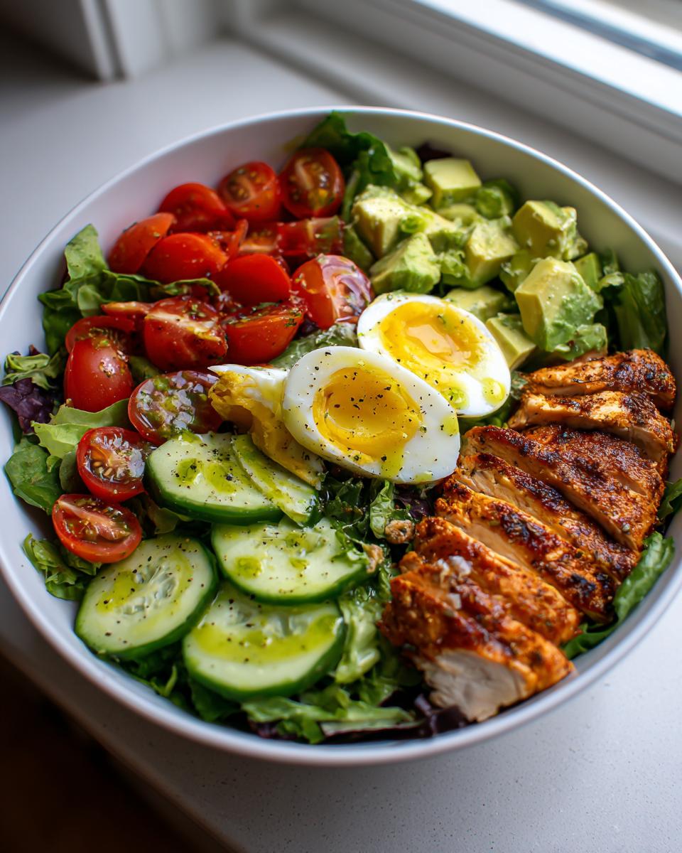 Bowl of high protein spring lunches with grilled chicken, boiled egg, avocado, cucumber, and cherry tomatoes