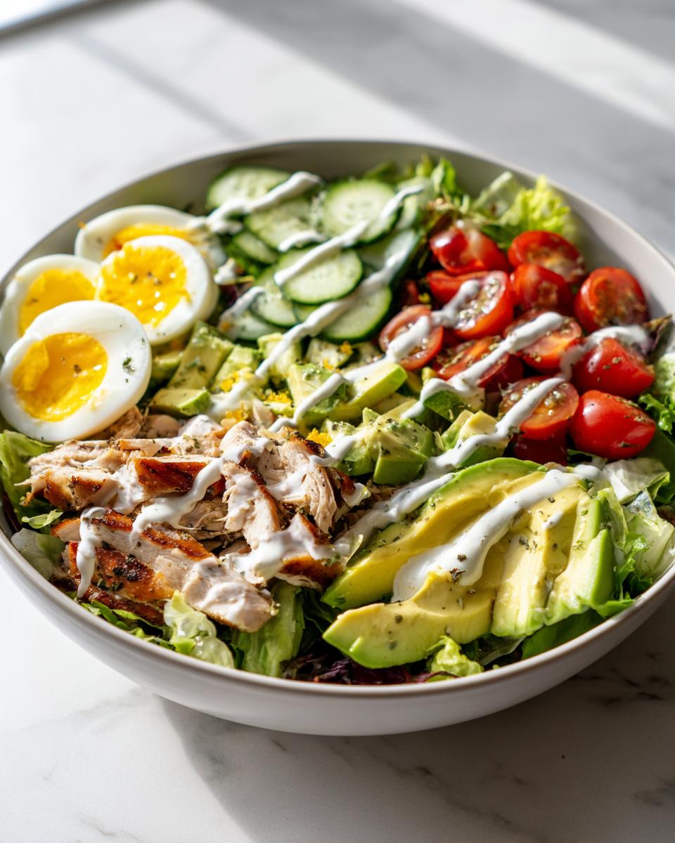 Bowl of high protein spring lunches salad with grilled chicken, avocado, boiled eggs, cucumber, and cherry tomatoes drizzled with dressing.
