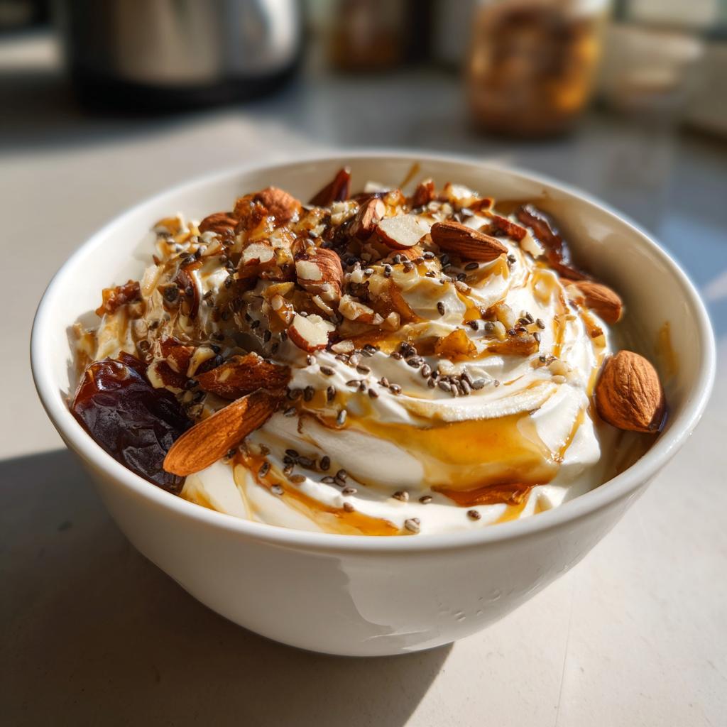 Bowl of high protein yogurt with dates, almonds, chia seeds, and honey drizzle
