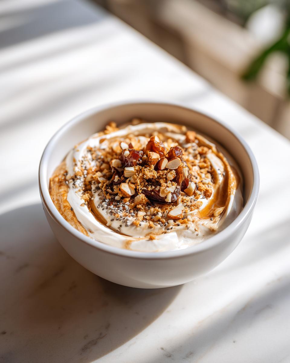 Bowl of high protein yogurt bowl with dates suhoor topped with chopped nuts and seeds