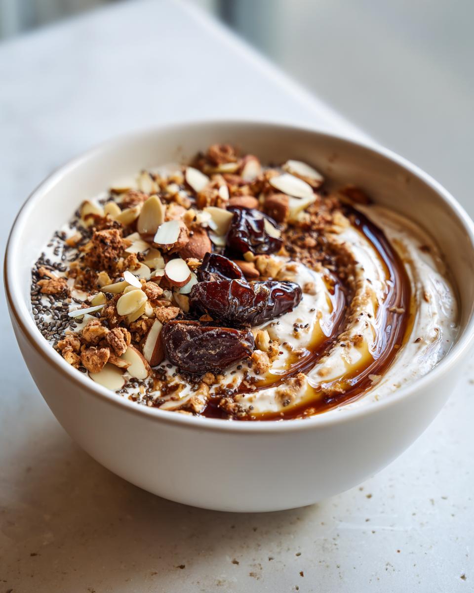 White bowl of high protein yogurt bowl with dates suhoor topped with nuts and granola