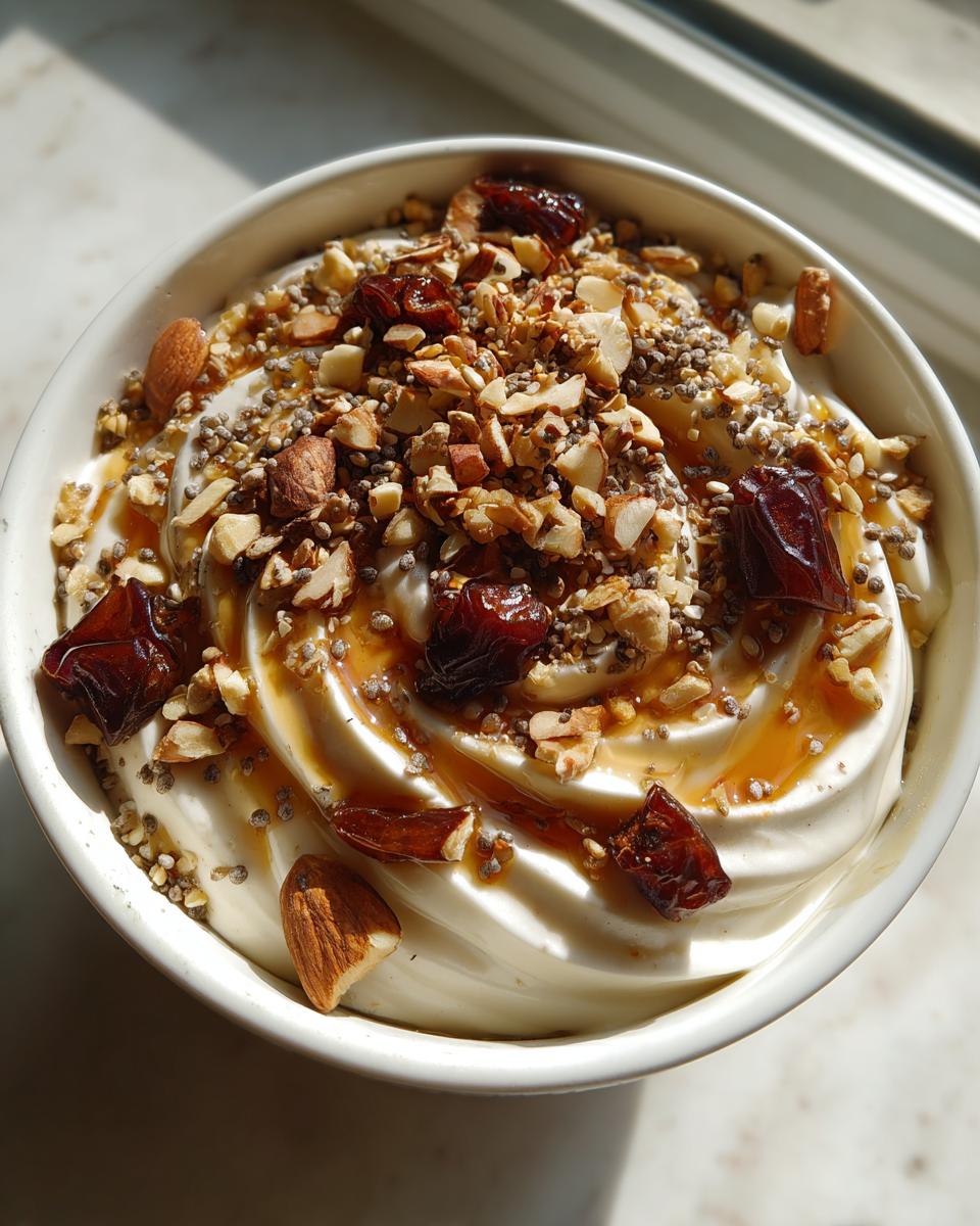 Close-up of high protein yogurt bowl with dates suhoor topped with nuts and seeds