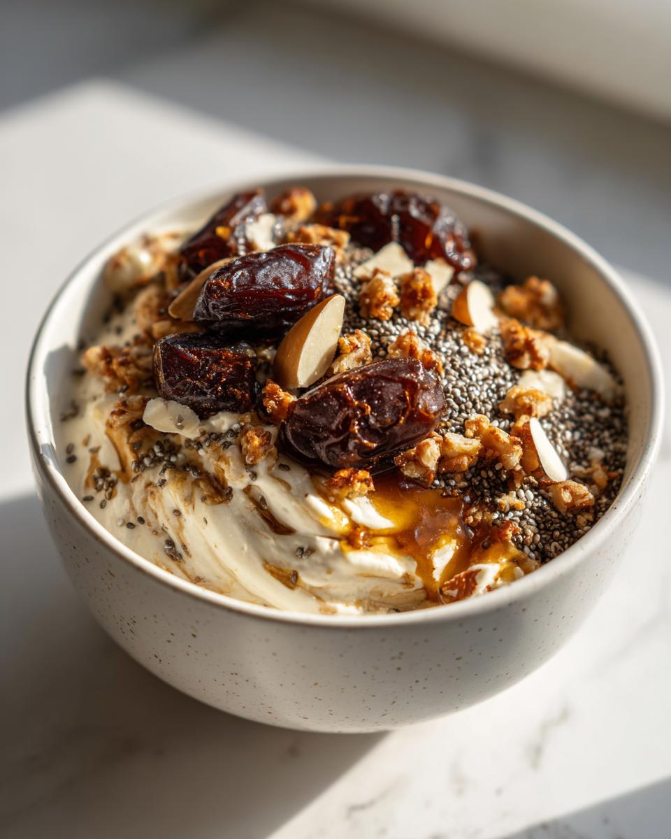 Bowl of high protein yogurt bowl with dates suhoor topped with chia seeds, walnuts, and almonds.
